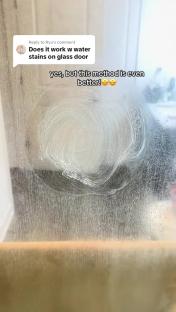 Cleaning a shower door with soap scum and water stains.