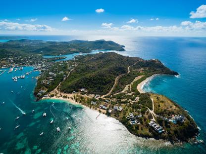Aerial view of Antigua and Barbuda, showing English Harbour and Windward Bay.