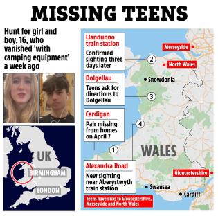 Illustration of a map showing the locations relevant to the search for two missing teenagers in Wales, along with photos of the teens.