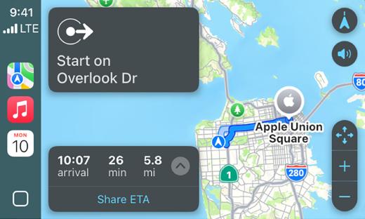 Screenshot of Apple Maps app showing directions from Overlook Dr to Apple Union Square, ETA 26 min, 5.8 mi.