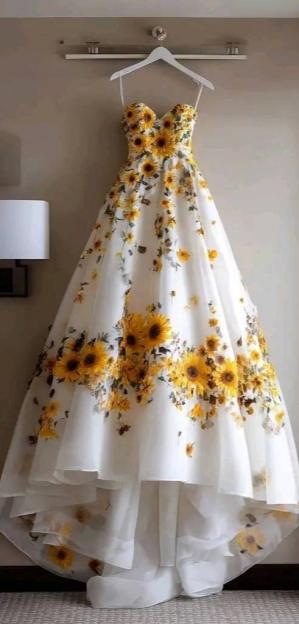 Collage of a white dress adorned with sunflowers.