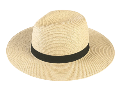 Beige straw hat with a black band.