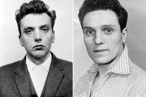 An image collage containing 2 images, Image 1 shows Black and white photo of Ian Brady, Image 2 shows Black and white photo of Raymond Morris
