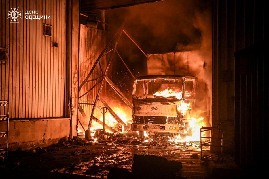 Cargo truck burning in a warehouse after a drone strike in Odesa, Ukraine.
