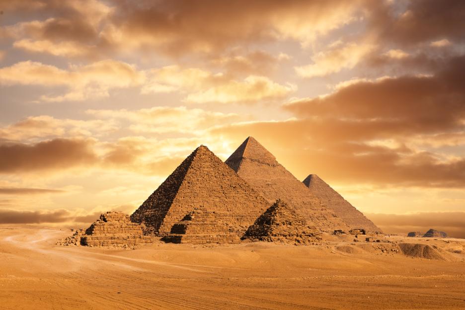 The Pyramids of Giza at sunset.