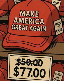 Illustration of "Make America Great Again" hats made in China, priced at $77.00.