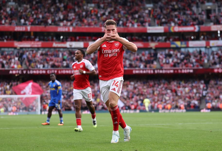 Viktor Gyokeres of Arsenal celebrating a goal.