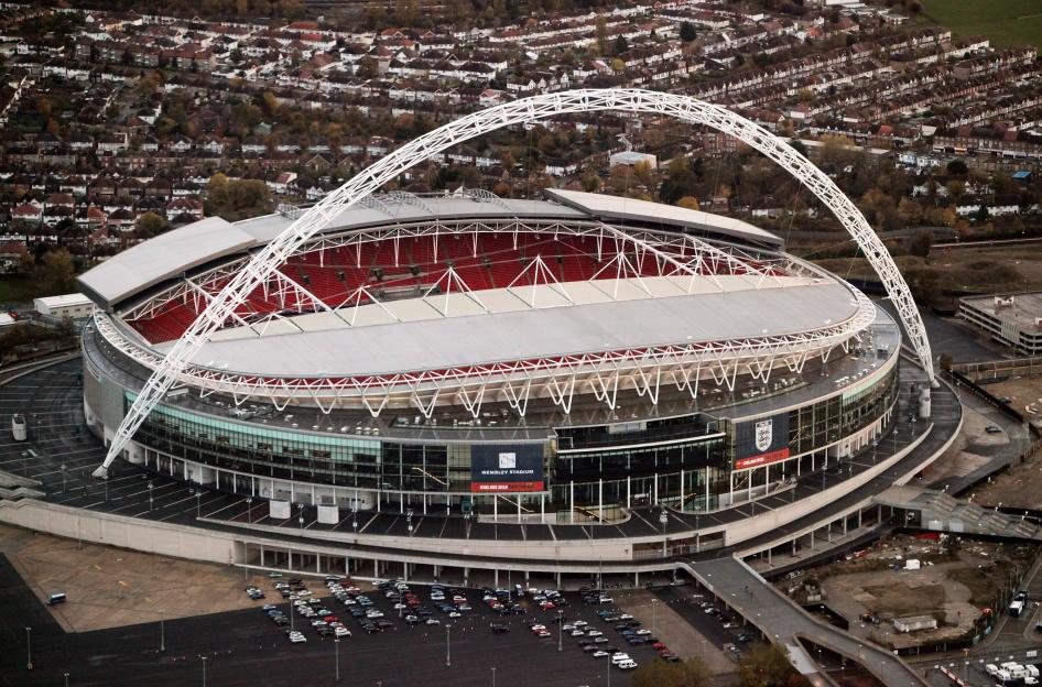 Aerial view of Wembley Stadium in London.