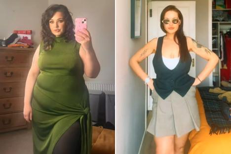 An image collage containing 2 images, Image 1 shows Woman in olive green dress taking a selfie, Image 2 shows Woman wearing a vest and pleated skirt