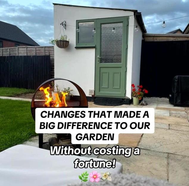 Garden makeover: inexpensive changes to a garden with a fire pit and shed.