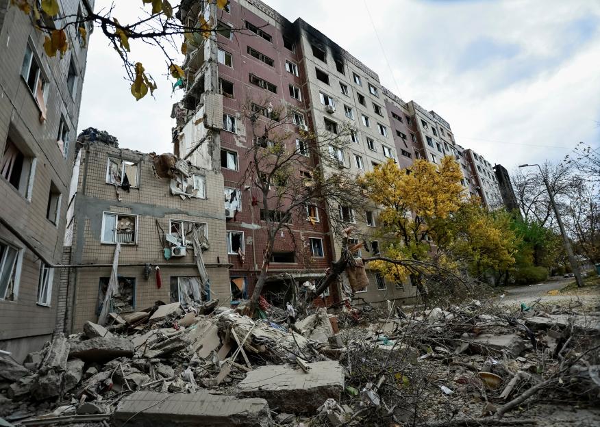 Apartment buildings damaged by a Russian military strike in Kostiantynivka, Ukraine.