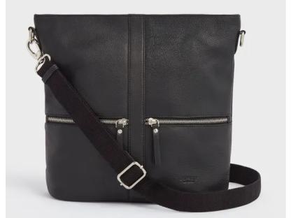 Black leather crossbody bag with zippered pockets.