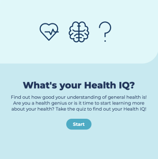 Health IQ quiz graphic with start button.