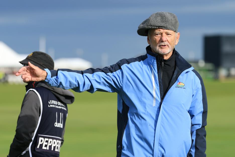 Bill Murray reacts on the 17th hole at the Alfred Dunhill Links Championship 2025.