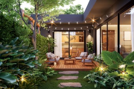 Illustration of a modern, small wooden terrace with outdoor furniture, surrounded by lush greenery and string lights.