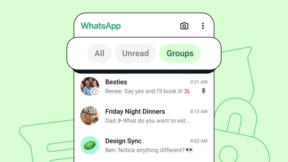 Illustration of the WhatsApp app interface showing the "Groups" tab with three active group chats.