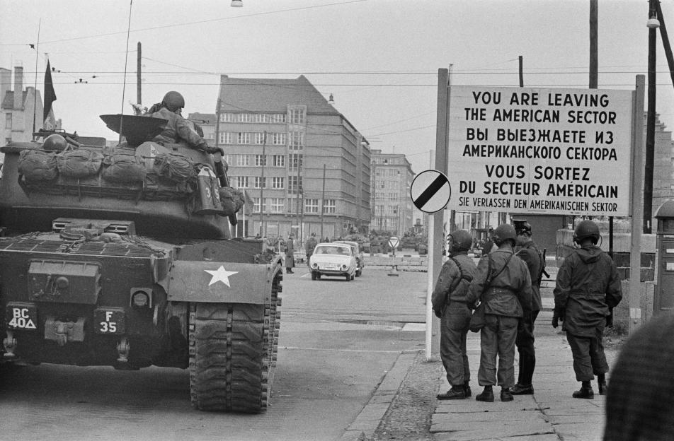 American tanks and troops at Checkpoint Charlie, Berlin Wall.