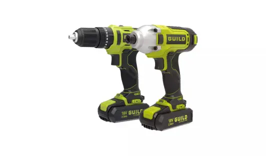 Guild 18V cordless combi drill and impact driver set with two 2.0Ah batteries.