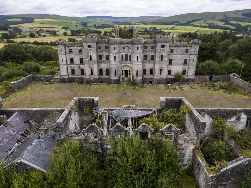 Aerial view of the ruins of Dalquharran Castle.