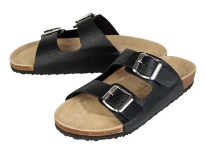 Pair of black ladies' sandals with double buckles.