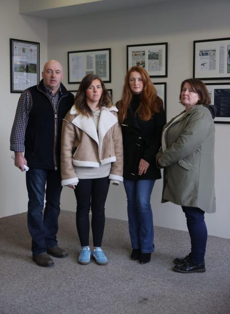 3A3TCE0 The family of showjumper Katie Simpson, (left to right) father Jason Simpson, sisters Rebecca and Christine Simpson with mother Noleen Mullan following a press conference at KRW Solicitors in Belfast after receiving the Police Ombudsman report into the death of Ms Simpson, who died at Altnagelvin hospital in 2020, a week after an incident in Gortnessy Meadows, Lettershandoney. Picture date: Tuesday November 12, 2024.