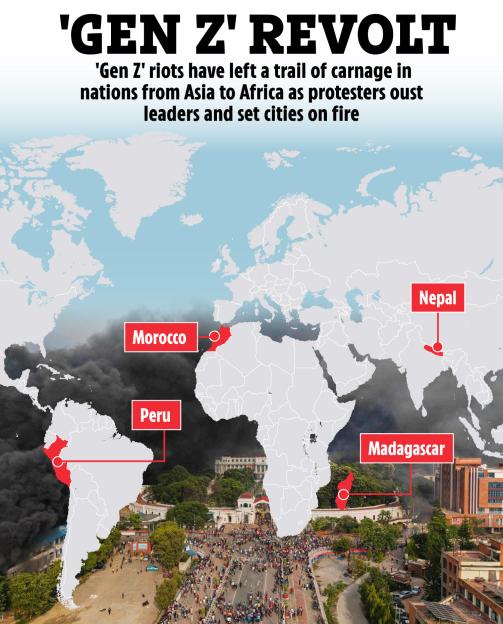 Illustration mapping "Gen Z" riots across the globe, with specific locations highlighted in Morocco, Peru, Nepal, and Madagascar, overlaid on an image of a crowded street with smoke.