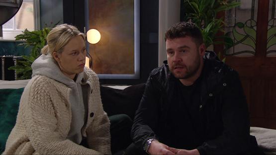 Aaron Dingle and Steph from Emmerdale having a conversation.