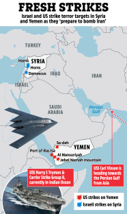 Illustration of a map showing recent US and Israeli strikes on Syria and Yemen.