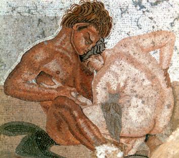 Erotic Satyr and Nymph, wall painting from The House of the Faun, built during the 2nd century BC, in the Roman city of Pompeii. The house partially survived the volcanic eruption of Vesuvius in 79 AD. The house is named for its owners, two successful freedmen: Aulus Vettius Conviva, an Augustalis, and Aulus Vettius. The wall frescos, completed following the earthquake of 62 AD, are in the manner art historians term the 'Pompeiian Fourth Style'. (Photo by: Universal History Archive/Universal Images Group via Getty Images)