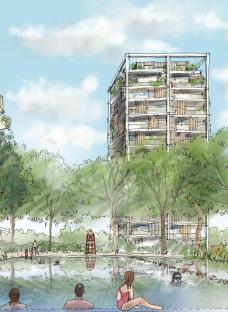 Illustration of a residential development with a pool and green spaces.