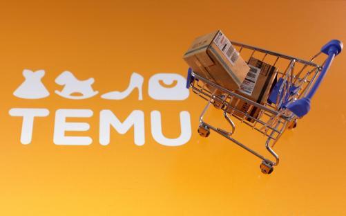 Illustration of a shopping cart with packages on an orange background with the Temu logo.
