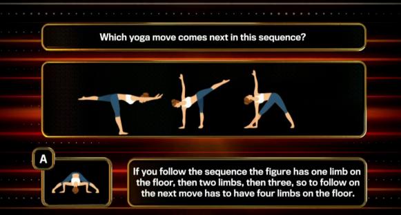 Screenshot of a yoga sequence quiz. The question asks which pose comes next in a series of three poses, progressing from one limb on the floor to three. The answer shows a pose with four limbs on the floor.