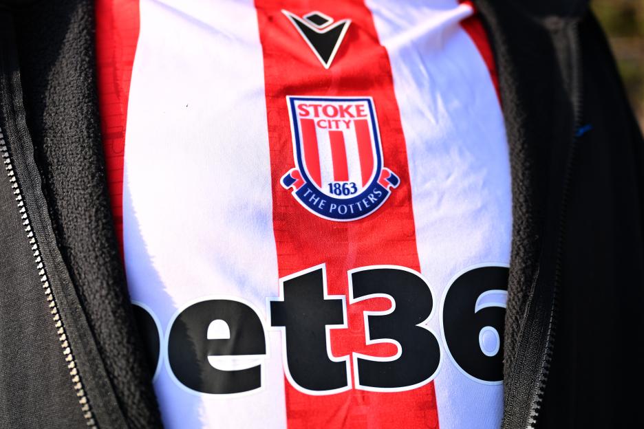 Close-up of the Stoke City badge on a fan's shirt.