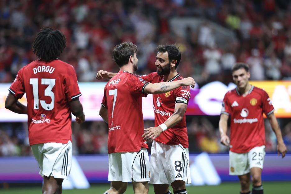 Manchester United players celebrating a goal.