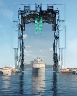 Illustration of cruise ships and yachts sailing through a futuristic gateway.