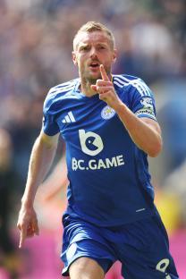 Jamie Vardy of Leicester City celebrating a goal.