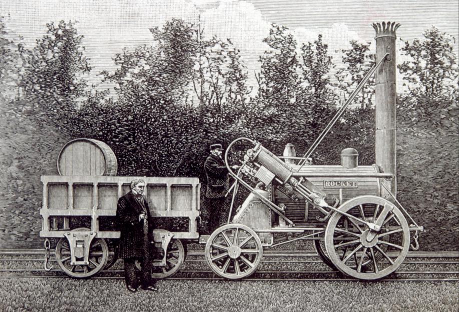 Illustration of the Rocket locomotive and a tender with two men, one operating the locomotive and the other standing beside the tender.