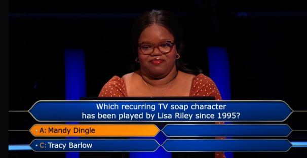 Millionaire contestant facing a soap opera question.