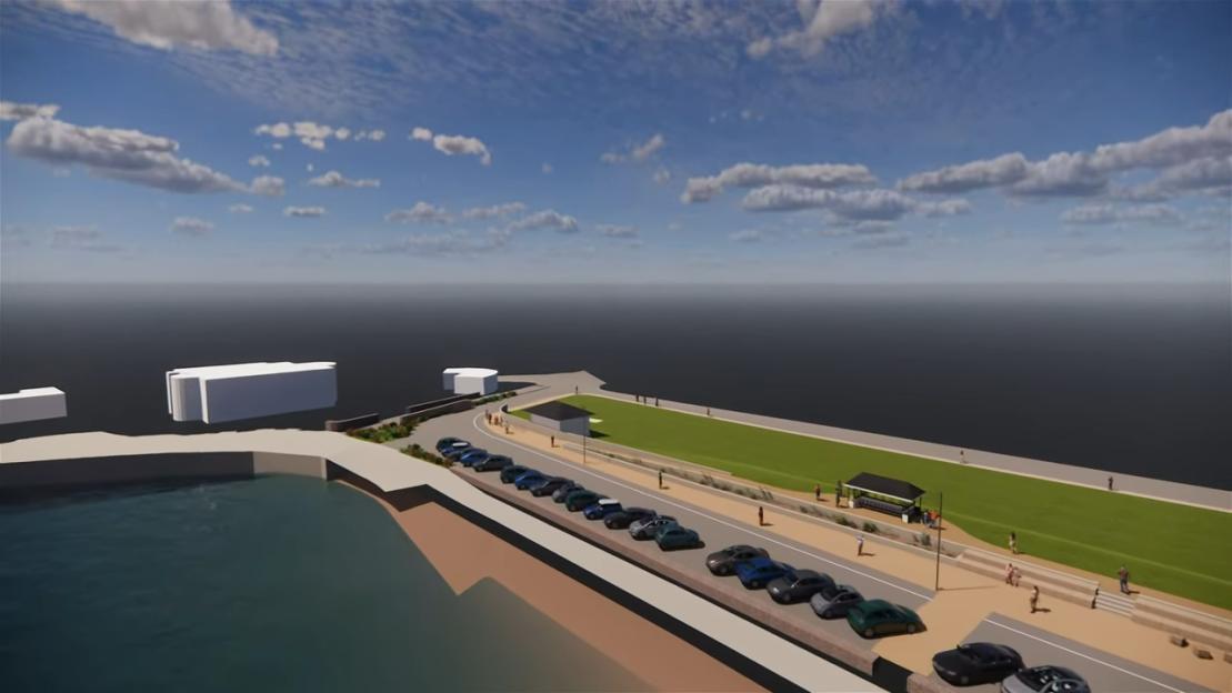 Illustration of the Paignton Sea Defence Scheme, showing a redesigned coastline with a new seawall, parked cars, green spaces, and a small building under a blue sky with clouds.