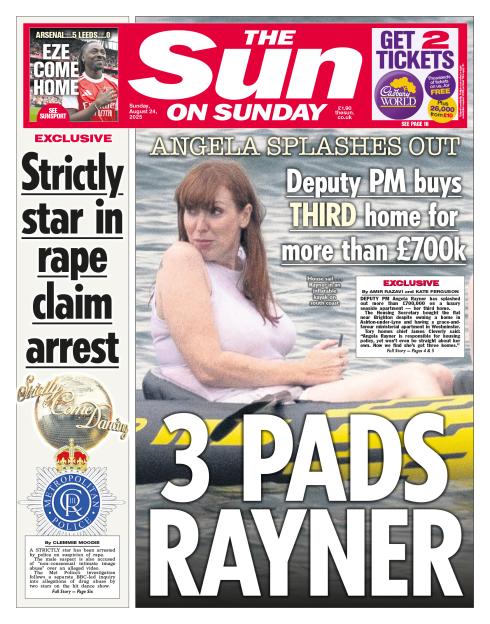 Front page of The Sun newspaper featuring the headline "ANGELA SPLASHES OUT: Deputy PM buys THIRD home for over £700k" with an image of Angela Rayner in an inflatable kayak.