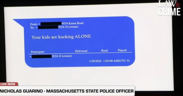 Screenshot of a text message presented as evidence at a murder trial; the message reads,