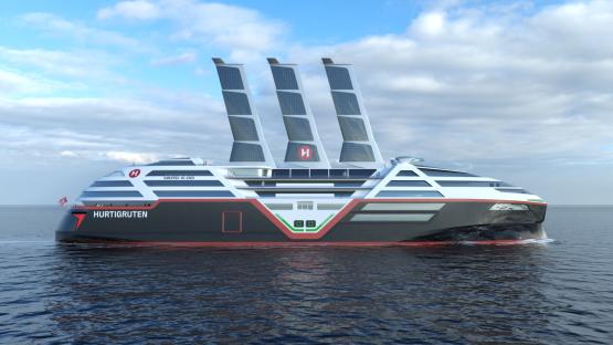 Illustration of the Sea Zero, a zero-emission cruise ship with retractable solar sails.