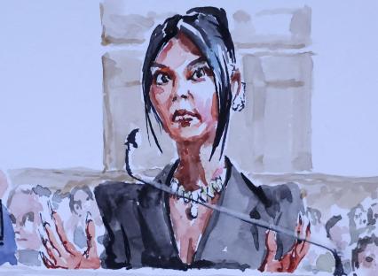 Watercolor illustration of Kim Kardashian testifying in court.
