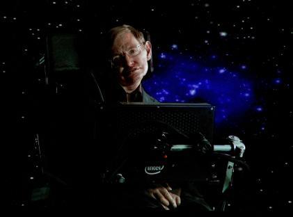 Stephen Hawking in a wheelchair, against a backdrop of space.