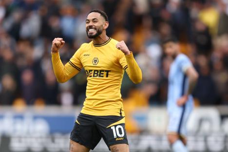 Matheus Cunha of Wolverhampton Wanderers celebrating a goal.