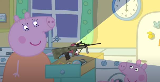 Illustration of a Peppa Pig character finding a rifle in a kitchen drawer.