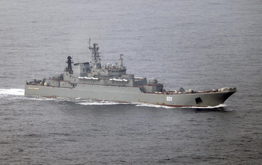 Russian landing ship RFN Alexander Otrakovsky shadowed by the Royal Navy in the English Channel.