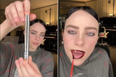An image collage containing 2 images, Image 1 shows Person holding up a tube of lip gloss, Image 2 shows Close-up of a person applying dark red lipstick