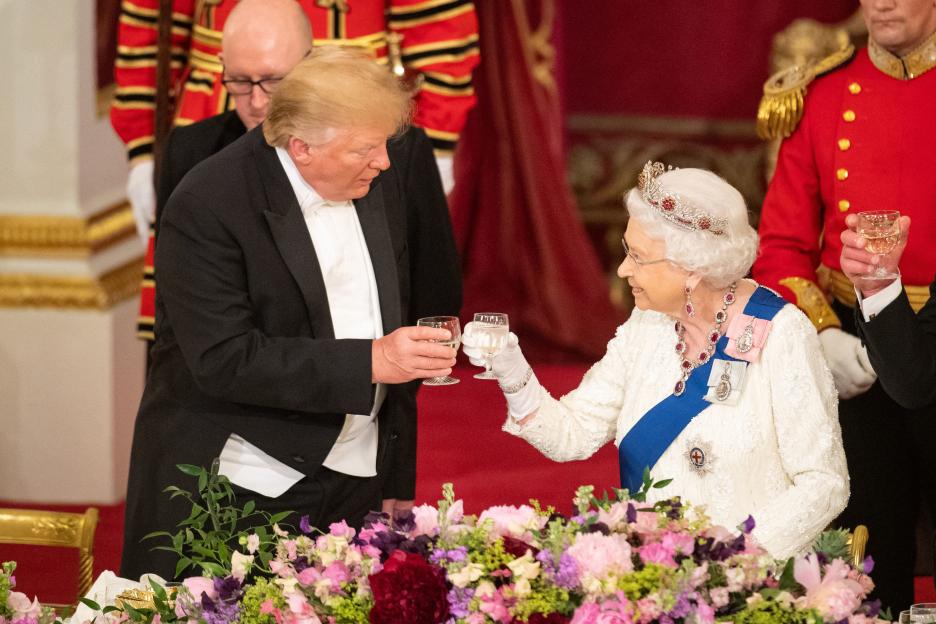 President Trump and Queen Elizabeth II toasting at a state banquet.
