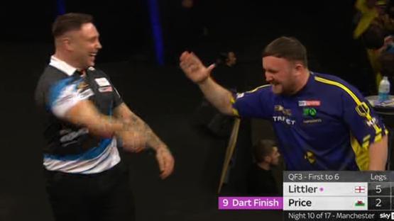 Classy Luke Littler celebrates with Gerwyn Price as Welshman hits incredible nine-darter to bag £30k gold darts